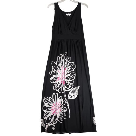 London Times Black Wrap Maxi Dress Sz 10 Sleeveless High Waist Tropical Floral - Picture 1 of 10